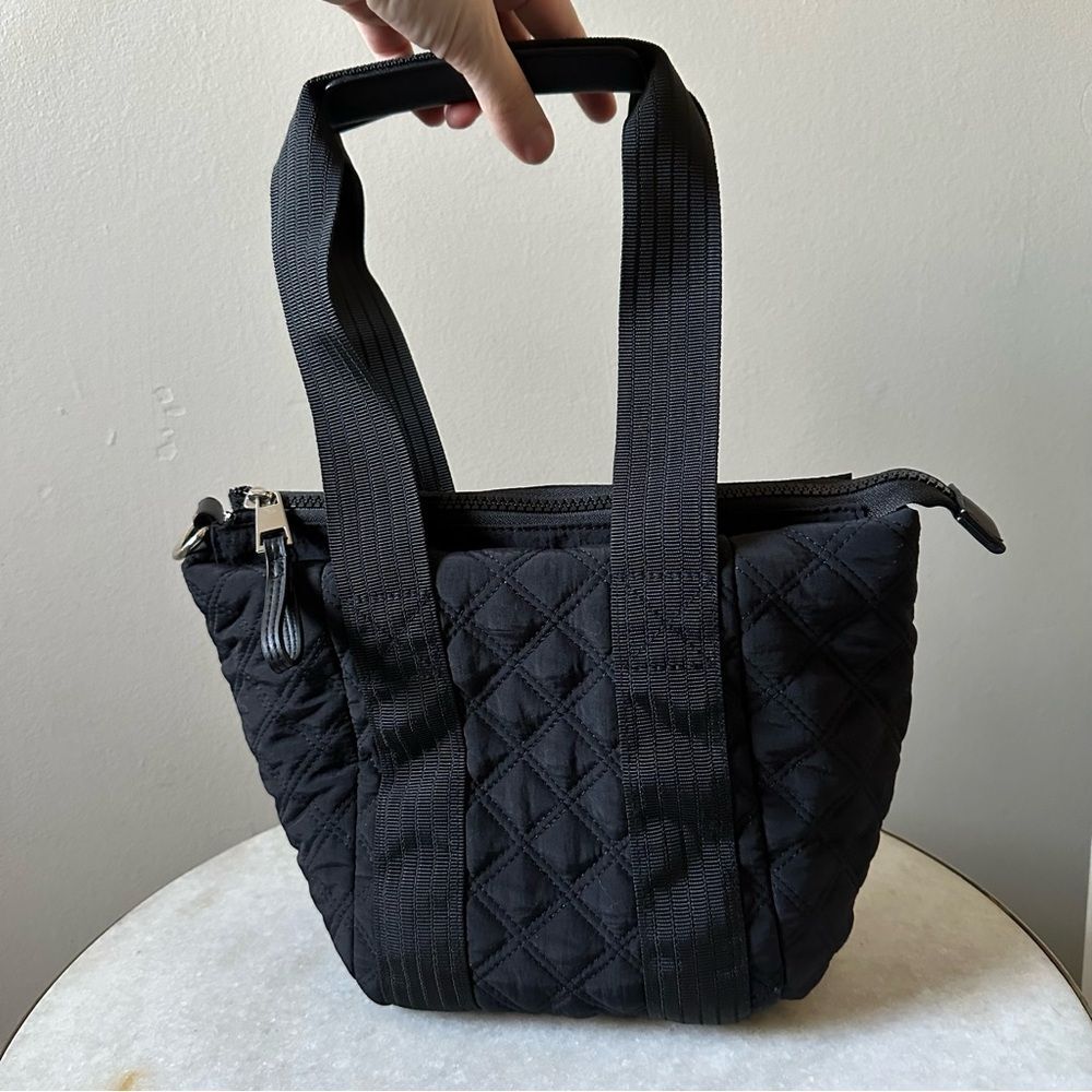 Isaac Mizrahu New York Quilted Black Mini Tote Zipper Bag Wide Straps Minimalist